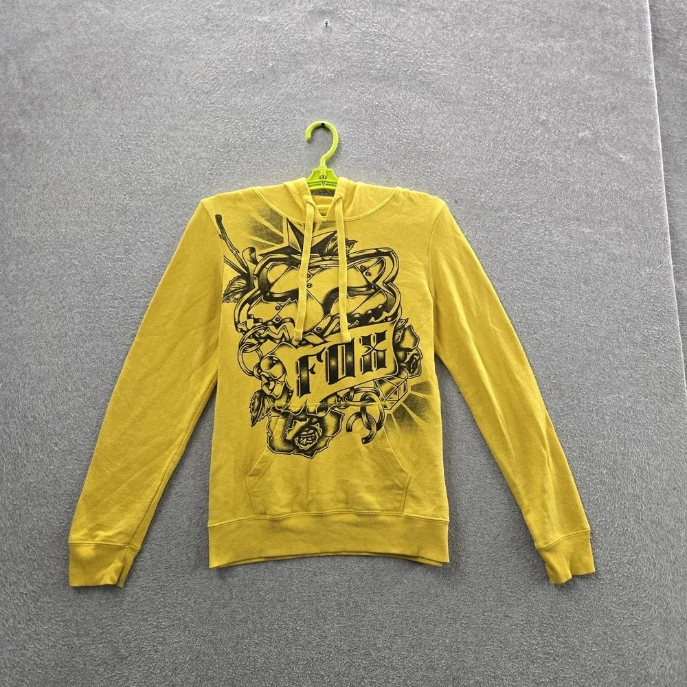 Fox‎ Women Hoodie M Yellow Graphic Fleece Logo Roses Activewear Grunge